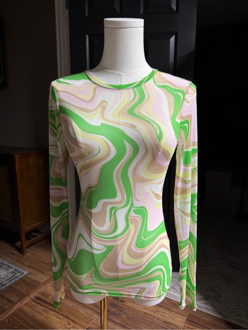 {AFRM} Neon Green Marble Swirl Pattern Sheer See Through Long Sleeve Top WSH9